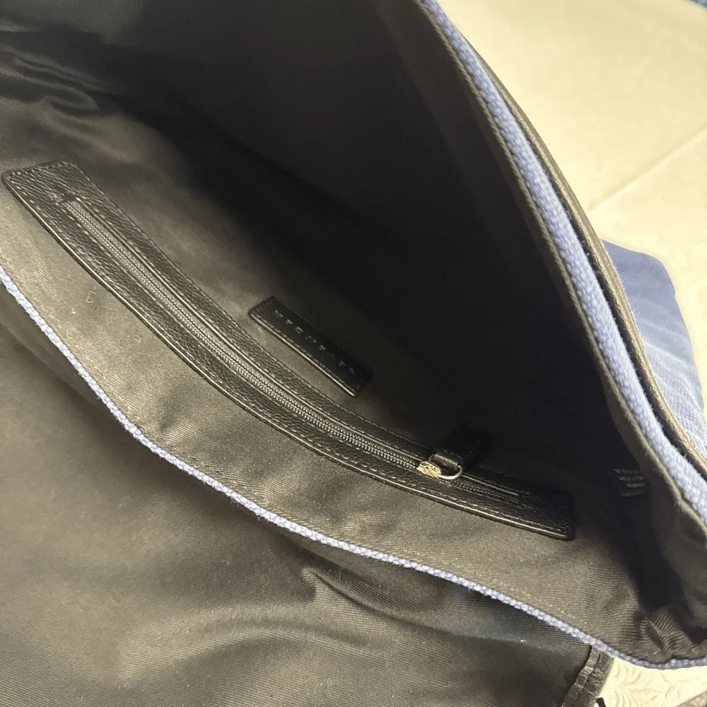 Levenger Messenger Bag Navy Blue‎ Canvas Leather Trim Adjustable Strap